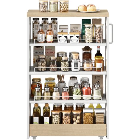 Carro de almacenamiento estrecho 55x16x85 cm, MDF, blanco y madera, 4 estantes ajustables (1/5)