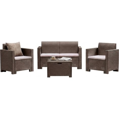 Dmora - Loungeset für draußen Gazania, Outdoor-Lounge mit Couchtisch, Terrassenset mit Kissen, Gartenkomposition mit Sofa und Sesseln, Made in Italy, Taube