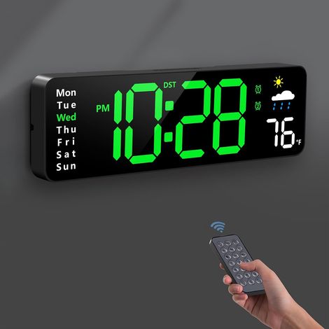 Grande horloge numérique avec télécommande, spécialement conçue pour les seniors, adaptée aux salons, chambres, salles de classe et bureaux (verte). (1/5)