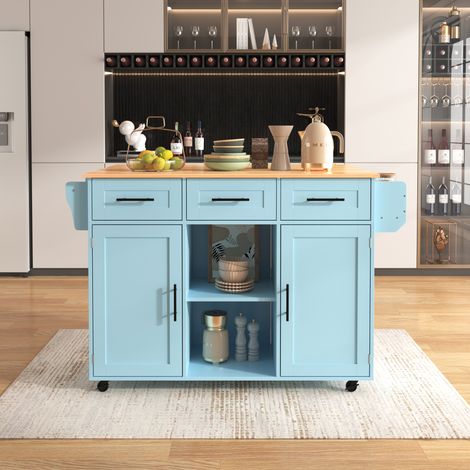 Grande desserte / buffet 139x46(71)x91,5 cm,corps bleu + plan de travail effet bois massif,plateau rabattable,porte de rangement,roulettes,pieds en bois massif interchangeables,adapté pour cuisine