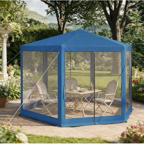 Caseta de jardín de 3,8 x 3,3 m con mosquitera, protección UV, estructura metálica estable y tela Oxford azul. (1/4)