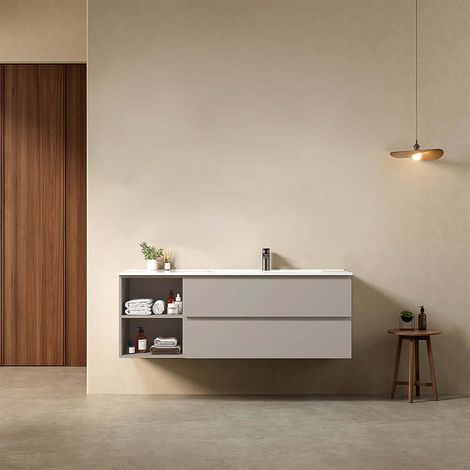 Mobile bagno sospeso 140 cm Grigio Cenere Lavabo a Destra in Resina Senza Specchio - Fiji Paint Plus (1/4)