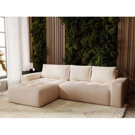 Canapé D'angle Convertible Méridienne Gauche Portland Tissu Velours Beige (1/5)