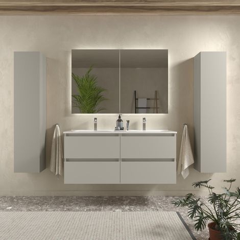 Mueble de Baño BEQUIA 120cm Gris mate 4 cajones Lavabo 2 pozas Porcelana (1/4)