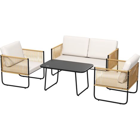 4-teiliges Gartenmöbelset: 2-Sitzer-Sofa, 2 Sessel, cremefarbener und weißer Glas-Couchtisch