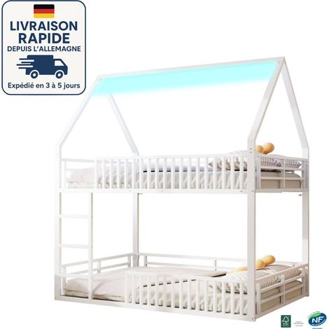MODFU - Litera metálica para niños y adultos, 140 x 200 cm, 2 personas, con LED, sin colchón, anticaída, color blanco (1/5)