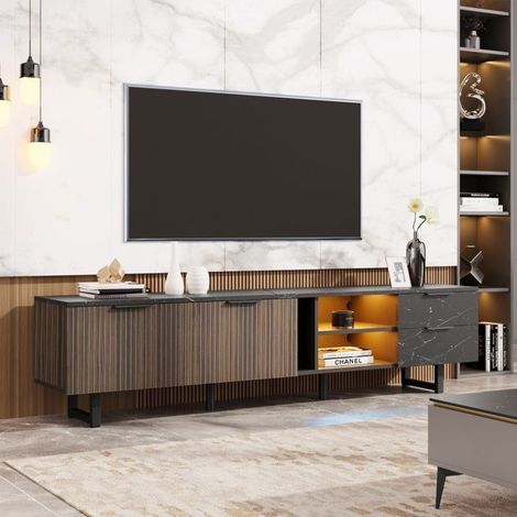 TV-Möbel 200 cm, schwarz und dunkles Holz, mit LED-Beleuchtung, 2 Türen, 2 Schubladen, Wohnzimmerschrank, 200 x 38 x 50 cm