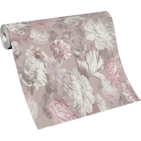 Papier peint intissé fleuri vintage – Tapisserie motif floral rose et blanche – Résistant à l'humidité pour salle de bain et cuisine – Bricoflor
