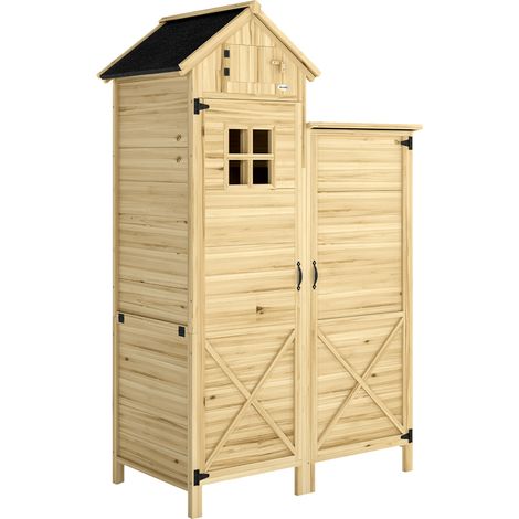 Armoire de jardin en bois avec toit bitumé, double compartiment et étagères démontables, 106x57x167cm, teinte naturelle (1/5)