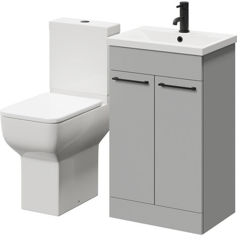 Wholesale Domestic Alessio Gloss Grey Pearl 500mm Vanity Unit and Toilet Suite including Comfort Height Toilet and Floor Standing Vanity Unit with 2 Doors and Matt Black Handles (1/5)