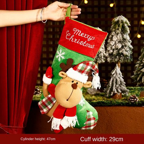 Grande chaussette de Noël renne et chapeau vert à carreaux, grand sac cadeau décoratif à suspendre, décoration festive pour sapin, cheminée et maison (1/5)