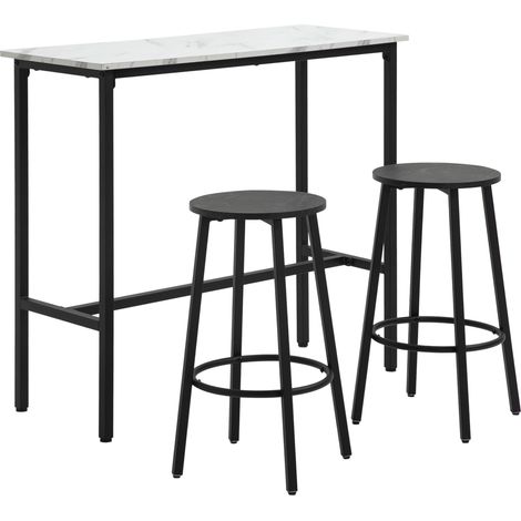 Table bar 2 personnes plateau marbre blanc structure acier avec 2 tabourets