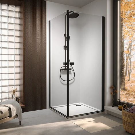 Cabine de douche d angle 80 x 90 cm à double battant profilés noir mat et verre transparent 8 mm h 195 Fiji (1/3)