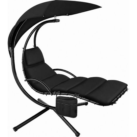 Sdraio Sospesa Con Ombrellone Parasole Integrato E Cuscino Imbottito Ergonomica Amaca Da Giardino In Acciaio E Poliestere Per Esterno Terrazzo E Bordo Piscina 195 x 132 x 197 Cm Nero