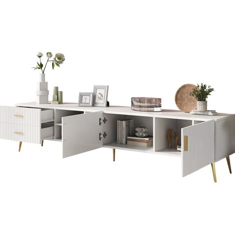 Mobile TV con 2 Ante, 2 Cassetti e 3 Vani Aperti, per Soggiorno, in MDF, Bianco, 180×35×41 cm (1/5)
