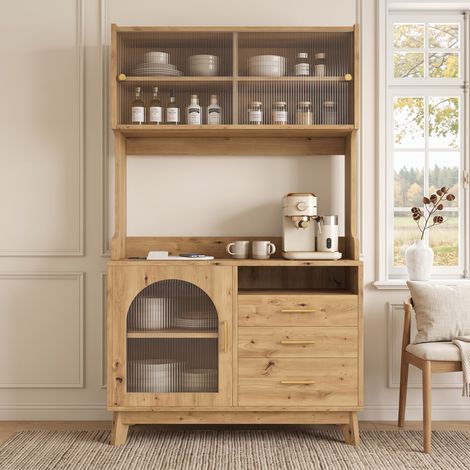 Buffet haut de cuisine 100,5x40x178 cm, vaisselier avec façades en acrylique strié, 3 tiroirs, 2 prises, USB-A/USB-C, panneaux de particules, Naturel (1/5)