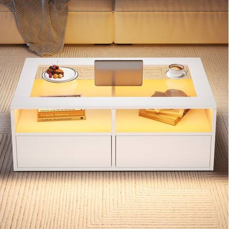 Table basse en verre trempé blanc 100 cm avec LED, 2 tiroirs et 2 niches ouvertes (1/5)