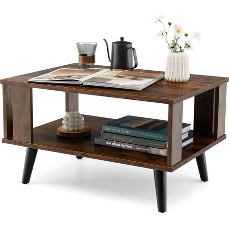 GOPLUS Table Basse en Bois 2 Niveaux-70P x 50l x 41H cm-avec Pieds de Soutien-Rectangulaire-Style Moderne-Naturel (1/5)