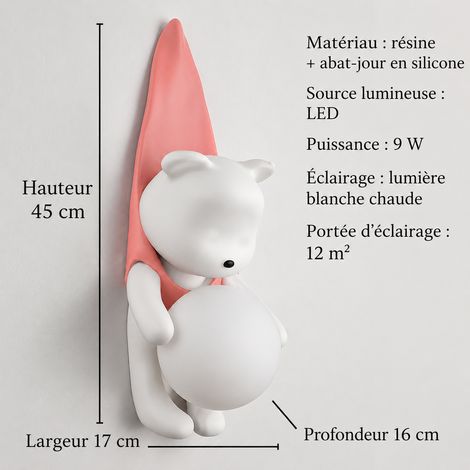 Applique Murale LED Chambre Enfant ours rose avec lumière 3 couleurs 9 W 220 V 49 × 21 × 20,5 cm 1,65 kg – Livraison gratuite