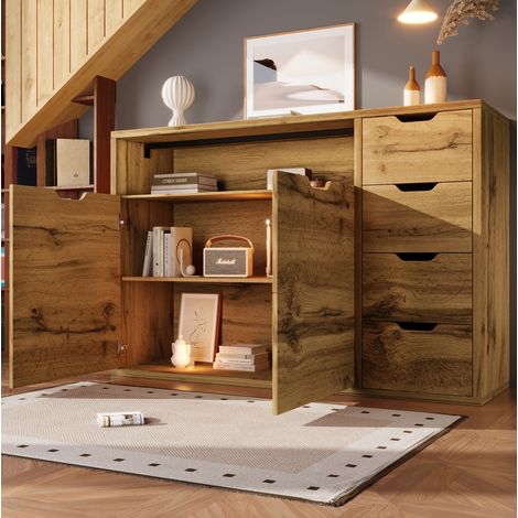 CHICFURN Consola 150x40x90 cm de MDF efecto roble, 2 puertas y 4 cajones (1/5)