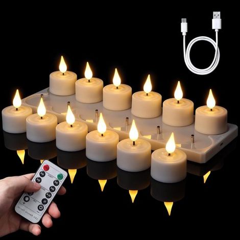 Velas LED con llama en movimiento - Velas recargables - Con mando a distancia - Con temporizador - 12 unidades - Blancas (1/5)