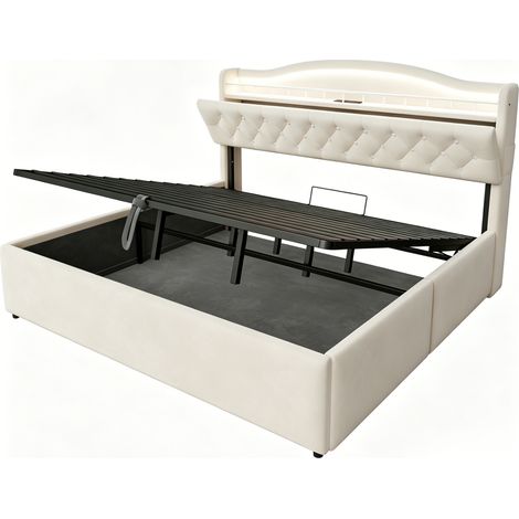 Cama con almacenaje 180 x 200 cm beige de terciopelo con LED, USB y USB-C (1/5)