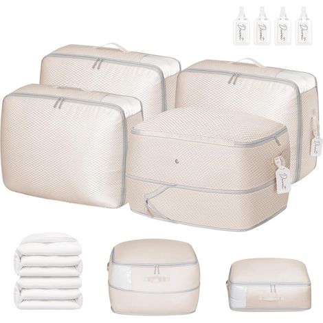 Sac de Compression - Housse de Rangement Vetement Couette Lot de 4, avec Poignées Renforcées, Organisateur D'auto-Compression pour Couettes, Vêtements, Oreillers, Linge de Lit, Beige (1/5)