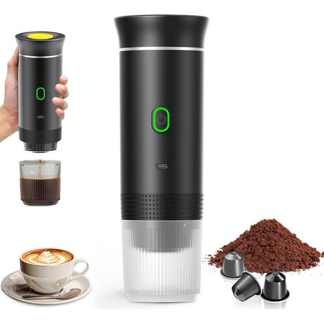 Machine à Cafe Portable,3 En1 Cafetière à Expresso Chauffage Électrique,12V Expresso Cafetière Rechargeable,Pour Bureau,Voyage,Maison,Compatible avec les Capsules Espresso et Café Moulu (Noir) (1/5)