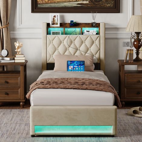 Letto contenitore 90x200 cm, letto singolo per bambini con illuminazione a LED, porta USB, rete a doghe, velluto beige