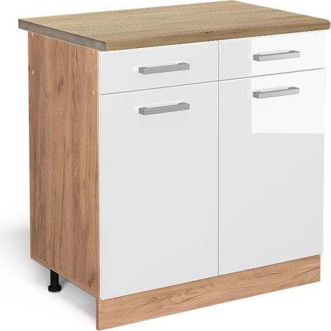 Küchenunterschrank R-Line, Weiß Hochglanz, 80 cm , AP Eiche, Vicco