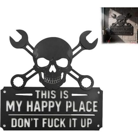 Cute and unique My Happy Place Metal Wall Art Sign - Black Skull Metal Tag - 40cm tall
