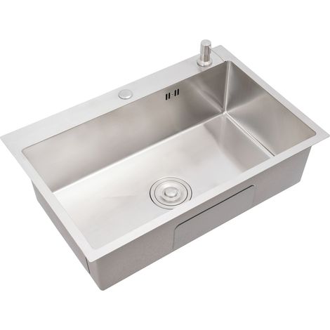 évier de cuisine, argenté, 68 x 45 cm, évier XL, en acier inoxydable, évier encastrable avec distributeur de savon, évier de cuisine en acier inoxydable avec siphon et système de trop-plein (1/5)