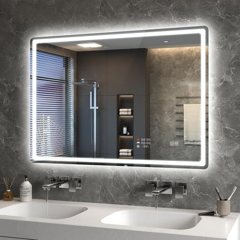 100x70cm Miroir LED Salle de Bain avec Horloge, Date et Météo (1/5)
