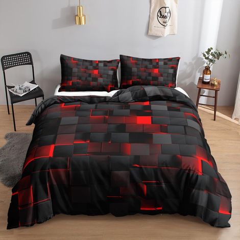 Bettwäsche-Set 135x200 cm Schwarz-Rot 3D Würfel Muster Mikrofaser mit Reißverschluss