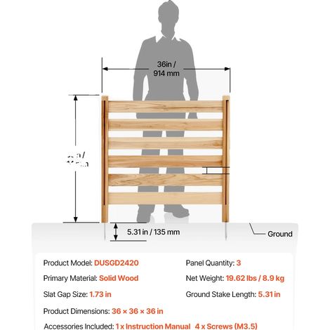Clôture de confidentialité, bois durable, agencement ajustable, 36x36in 3Panneau (1/2)