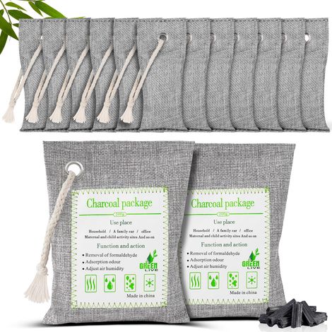 Sac Désodorisant en Bambou Naturel,75g12Pcs+200g2Pcs Purifiants d'air en Charbon de Bambou,Filtre à Charbon Actif,Sac de Purification Pour Armoire,Chaussures,Salle De Bain,Cave,Voiture (1/4)