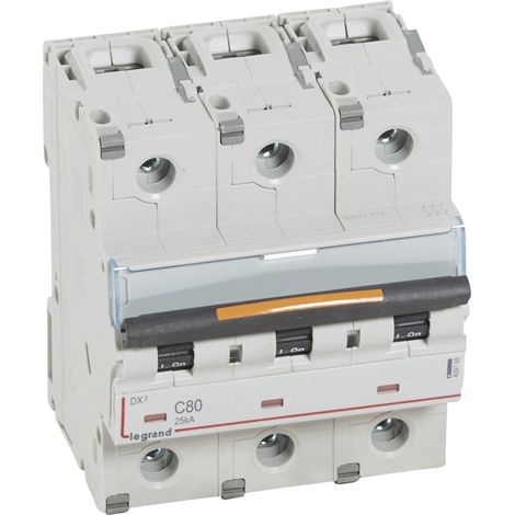 Disjoncteur DX³ 25kA arrivée haute et départ bas à vis 3 Pôles 400V 80A courbe C 4,5 modules LEGRAND 409788