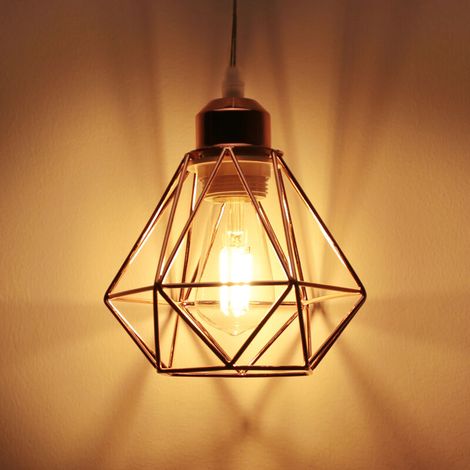 – Lustre suspension E27 16cm cage diamant métal doré rose – Plafonnier pour couloir, escalier, chambre – Câble ajustable 100cm (1/5)