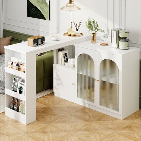 Mesa bar giratoria 360° de MDF blanco 120x40x97 cm con almacenaje y puerta de vidrio (1/5)