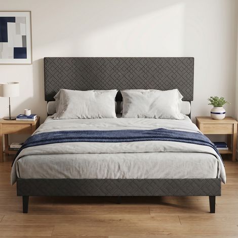 Lit adulte 160x200 cm en Lin, lit double avec tête de lit réglable et sommier à lattes silencieux, style Moderne, Gris (1/5)