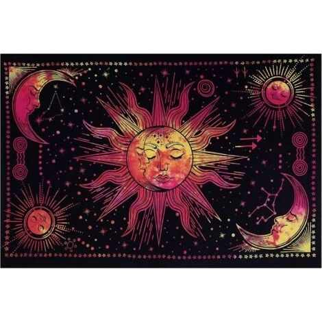 Tapisserie murale motif soleil et lune - Rouge - 150 x 200 cm - Constellation psychédélique esthétique - Tissu mystique pour la décoration de la maison, de la chambre à coucher (1/4)