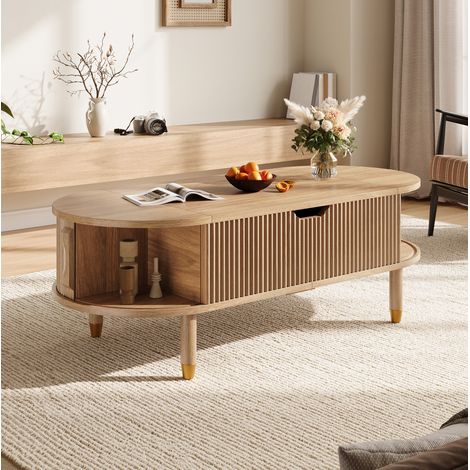 MODFU – Mesa de centro elevable 110x48x57 cm de MDF con almacenamiento y puertas correderas, patas de madera y carga 40 kg – Natural (1/5)