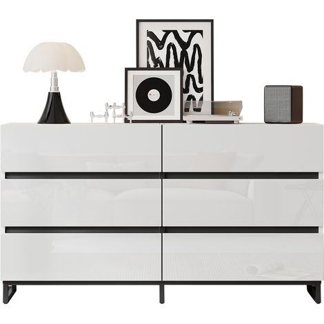 Buffet de salon 140 × 39,5 × 78,5 cm avec 6 tiroirs – Commode brillante avec 3 pieds métalliques, meuble d’appoint à grande capacité de charge, blanc et noir (1/5)