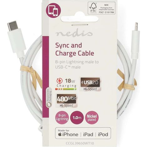 Nedis Lightning Kabel / USB 2.0 / Apple Lightning 8-Pin / USB-C™ Stecker / 480 Mbps / Vernickelt / 1.00 m / Rund / PVC / Weiss / Label