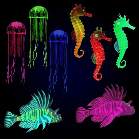 Lot de 8 décorations d'aquarium lumineuses en silicone, méduses et poisson-lion fluorescents, pour petit et grand bocal (1/5)