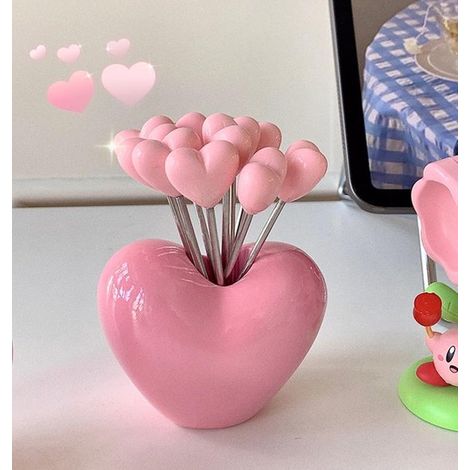 Un ensemble de 10 fourchettes à fruits en acier inoxydable et 1 support, comprenant des fourchettes à fruits/à dessert/à salade en forme de cœur et de rose. (1/5)