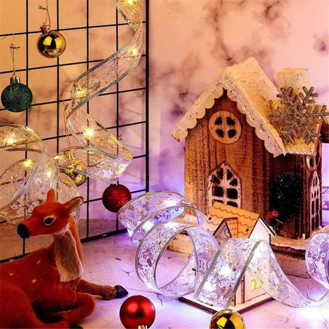 1 rouleau de ruban décoratif pour sapin de Noël, guirlande lumineuse LED, effet satiné, confettis, lumières clignotantes, ruban argenté, 5 mètres, 50 lumières (1/5)