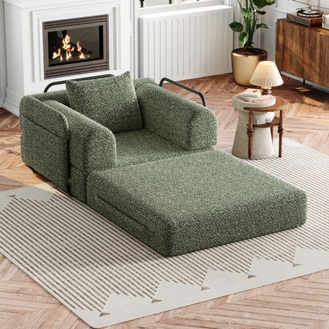 Fauteuil convertible 2-en-1 en chenille verte avec rangement d’accoudoir 69,8 x 91,4 x 94 cm (1/5)