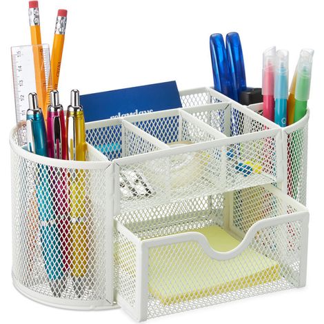Organiseur de bureau, Organisateur de table pour stylos et, métal, maille, HLP 10,5 x 22 x 11 cm, blanc (1/4)