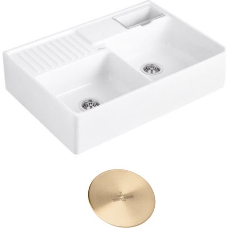 VILLEROY ET BOCH Fregadero de cocina Tradition fregadero 89,5 x 63 cerámica blanco vaciador manual + tapa desagüe dorado